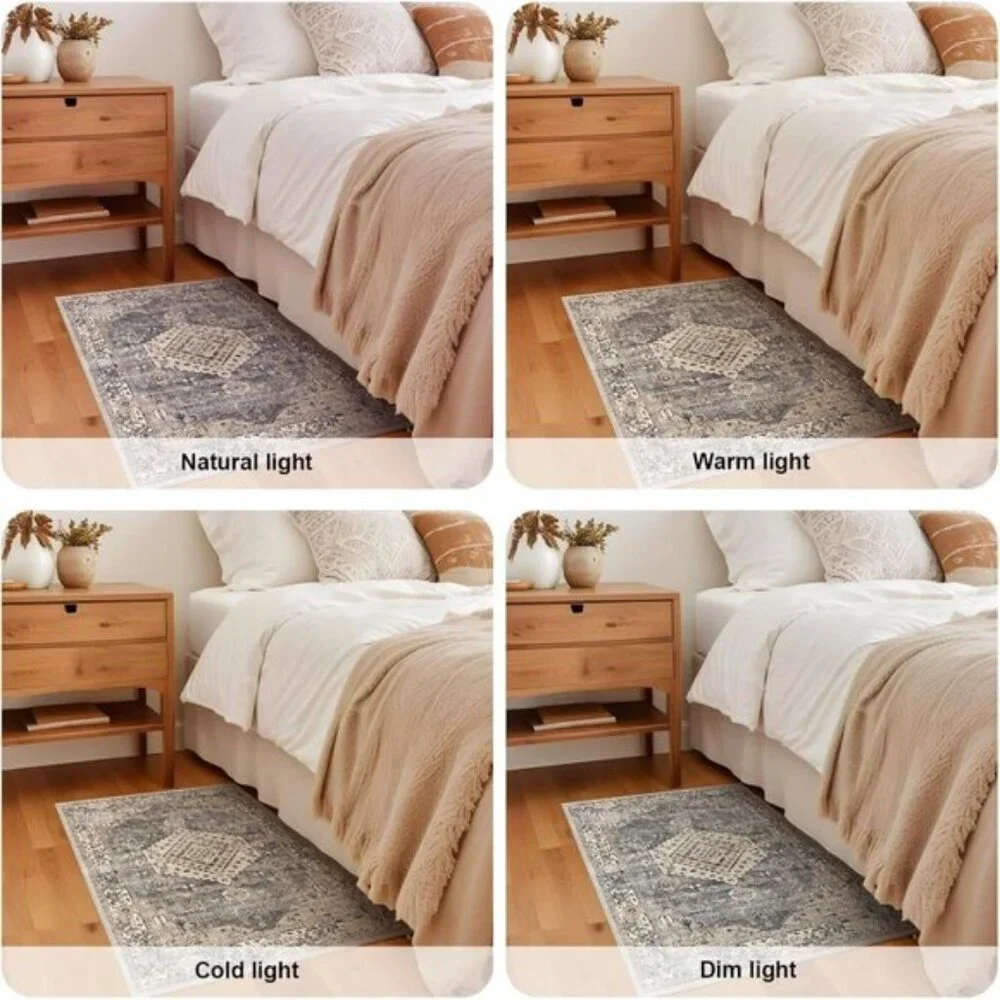 New 2x3 Blue Beige Rug, Washable Vintage Low Pile Non-Slip Carpet for Entryway